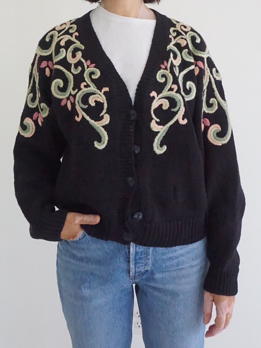 Vintage Hunters Run Black Scroll Floral Embroidered Button Cotton Cardigan M